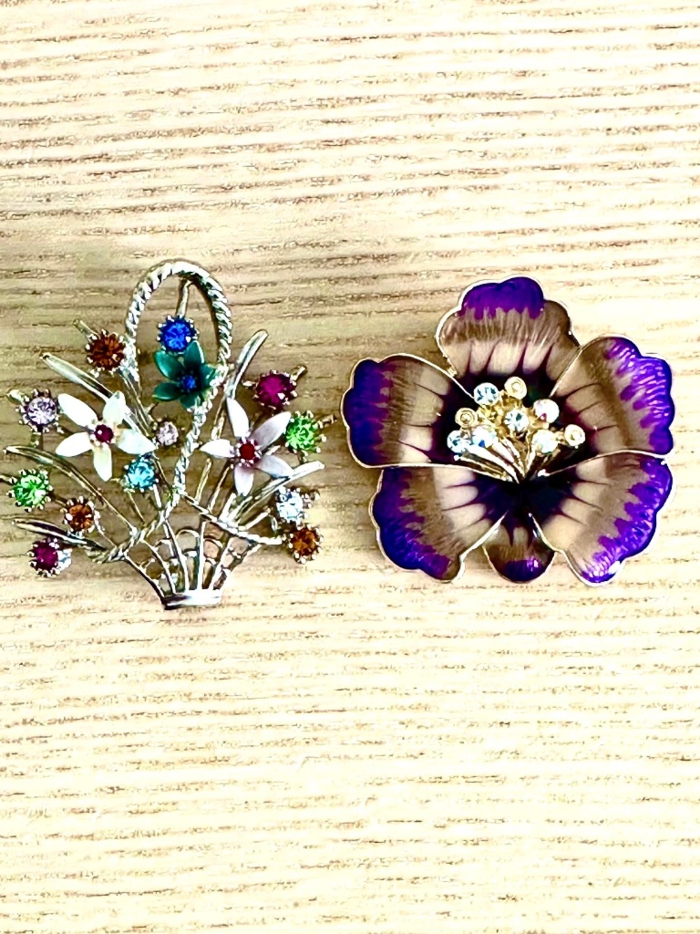 2 Vintage Flower Brooches Multicoloured Rhinestones and Purple Enamel by AK